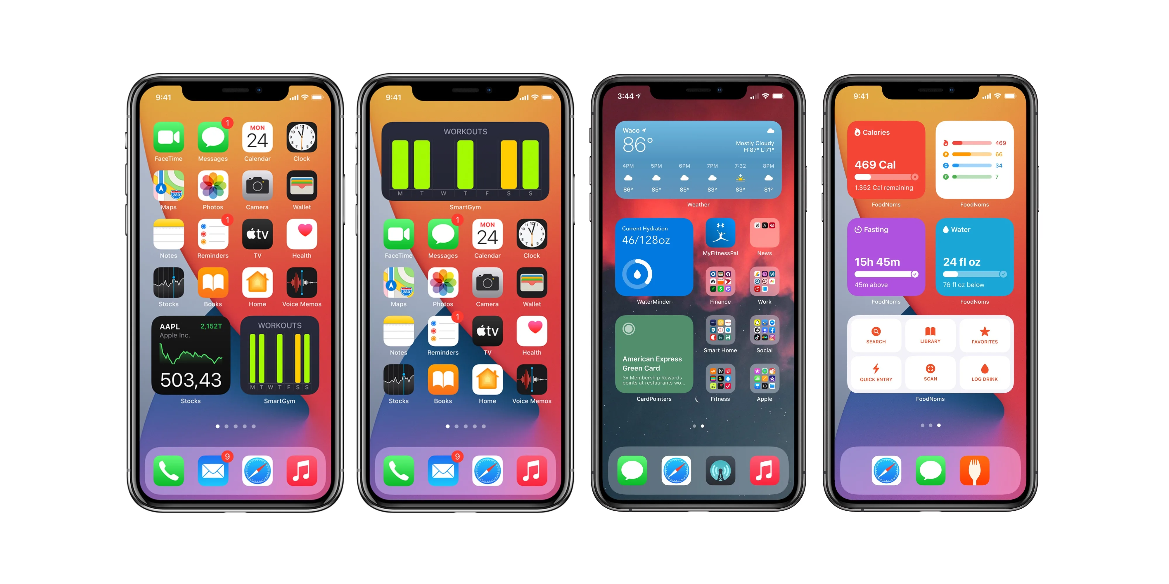 Quatro iPhones lado a lado com a tela inicial do iOS 14 exibindo widgets coloridos de clima, atividades, calendário e cotações