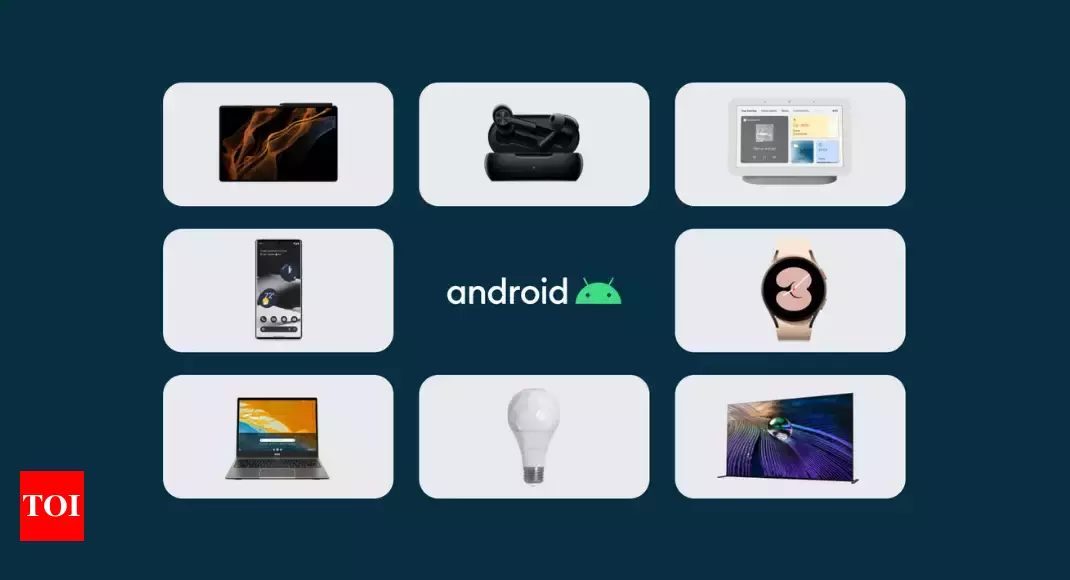 Logotipo do Android cercado por oito dispositivos: tablet, fones, smart display, smartphone, relógio, notebook, lâmpada inteligente e TV