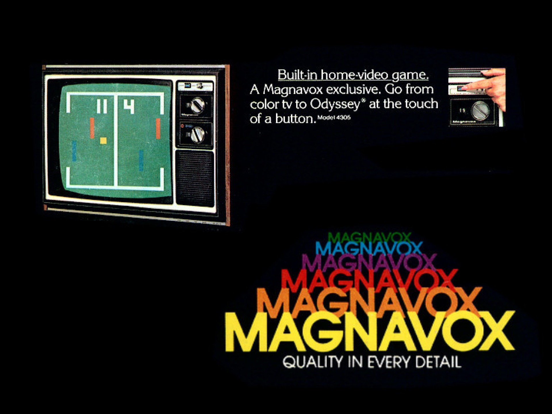 Anúncio antigo da TV Magnavox modelo 4305 com videogame Odyssey embutido, mostrando jogo de pong na tela e o logo Magnavox