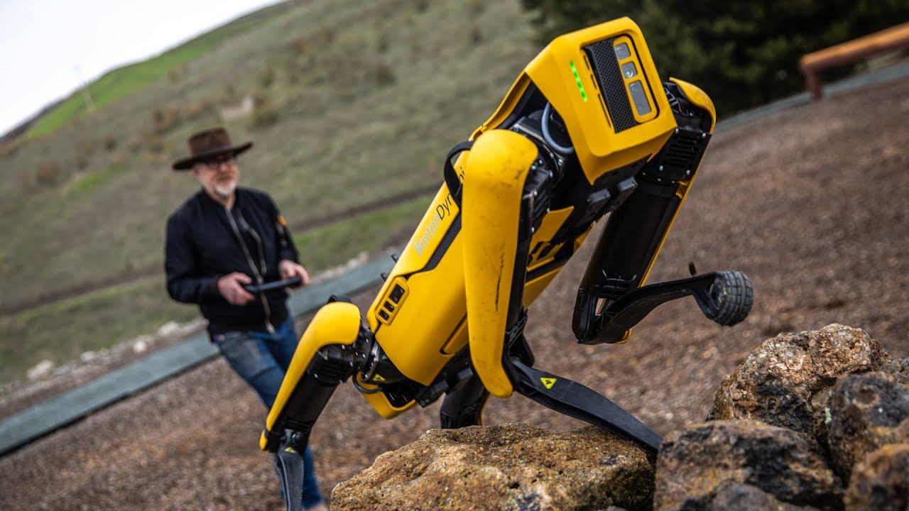 Robô quadrúpede amarelo Spot, da Boston Dynamics, subindo uma pedra em terreno rochoso enquanto um homem de chapéu o controla com um controle remoto ao fundo