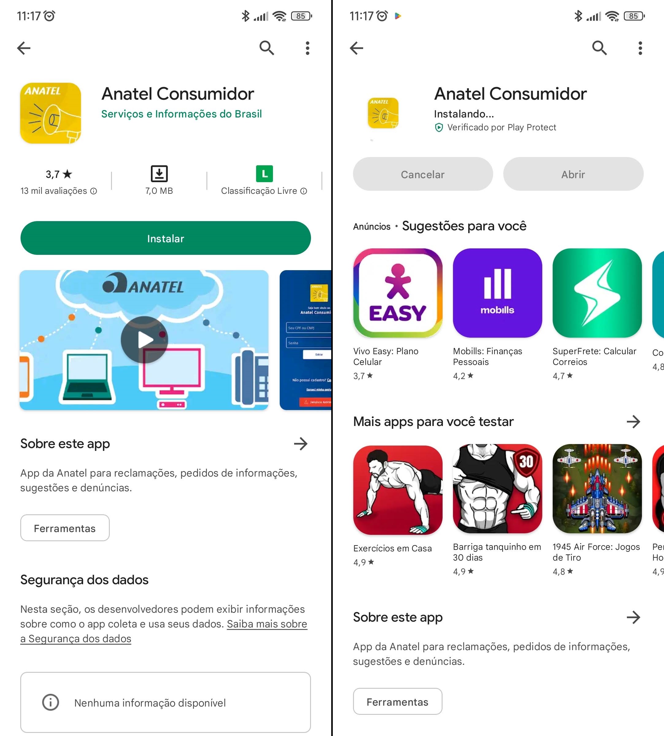 Duas telas da Google Play mostrando o app Anatel Consumidor, com botões Instalar e tela de instalação em andamento