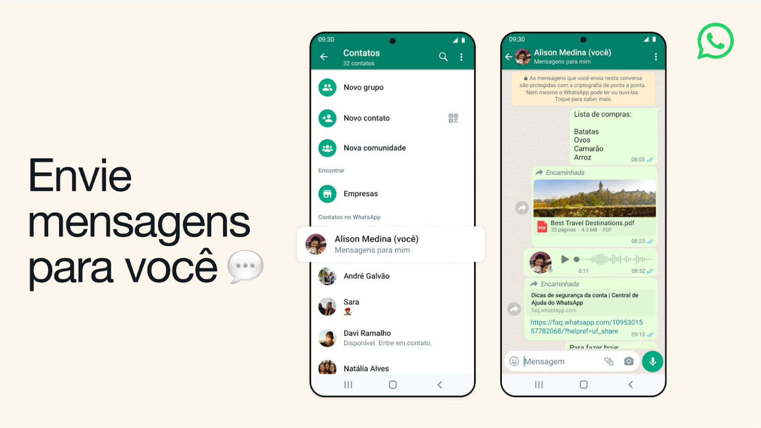 Tela do WhatsApp mostrando a lista de contatos com a opção "Alison Medina (você)" e uma conversa "Mensagens para mim" com lista de compras, PDF e mensagens enc…