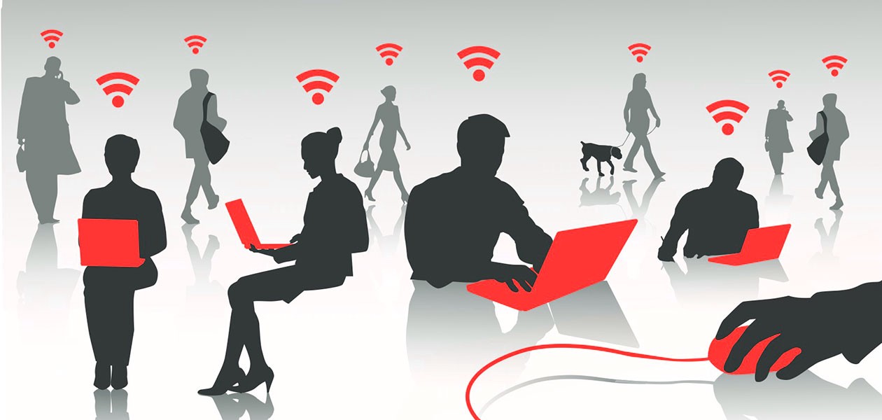 Silhuetas de pessoas usando notebooks vermelhos em espaço público, com ícones vermelhos de Wi-Fi acima delas e um cabo de rede vermelho ligado a uma mão