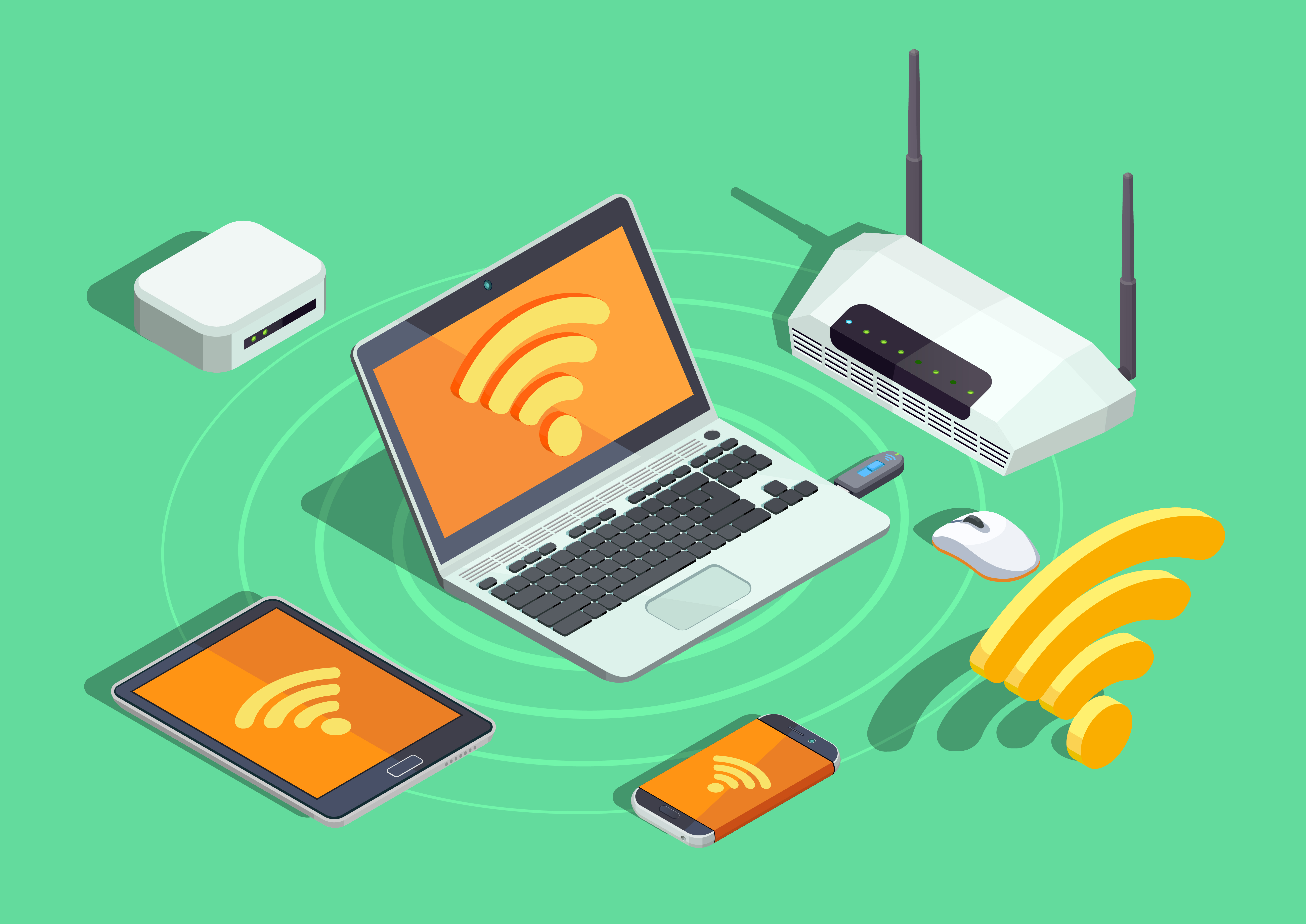 Ilustração isométrica de laptop, tablet e celular conectados por ondas de Wi-Fi a um roteador com duas antenas, em fundo verde