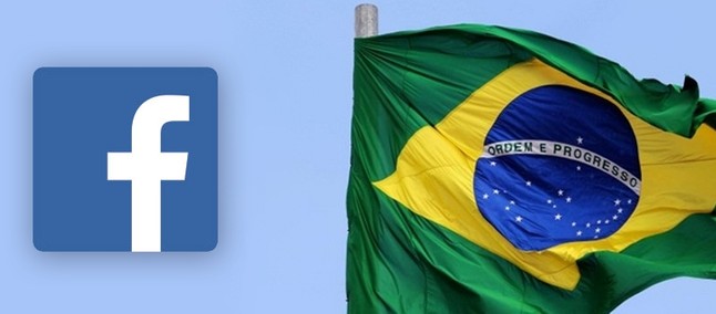 Logotipo do Facebook ao lado da bandeira do Brasil tremulando ao vento contra o céu azul