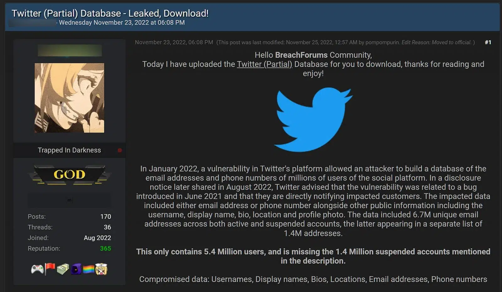 Captura de post em fórum hacker anunciando download de base de dados do Twitter com e-mails, telefones e nomes de usuários vazados
