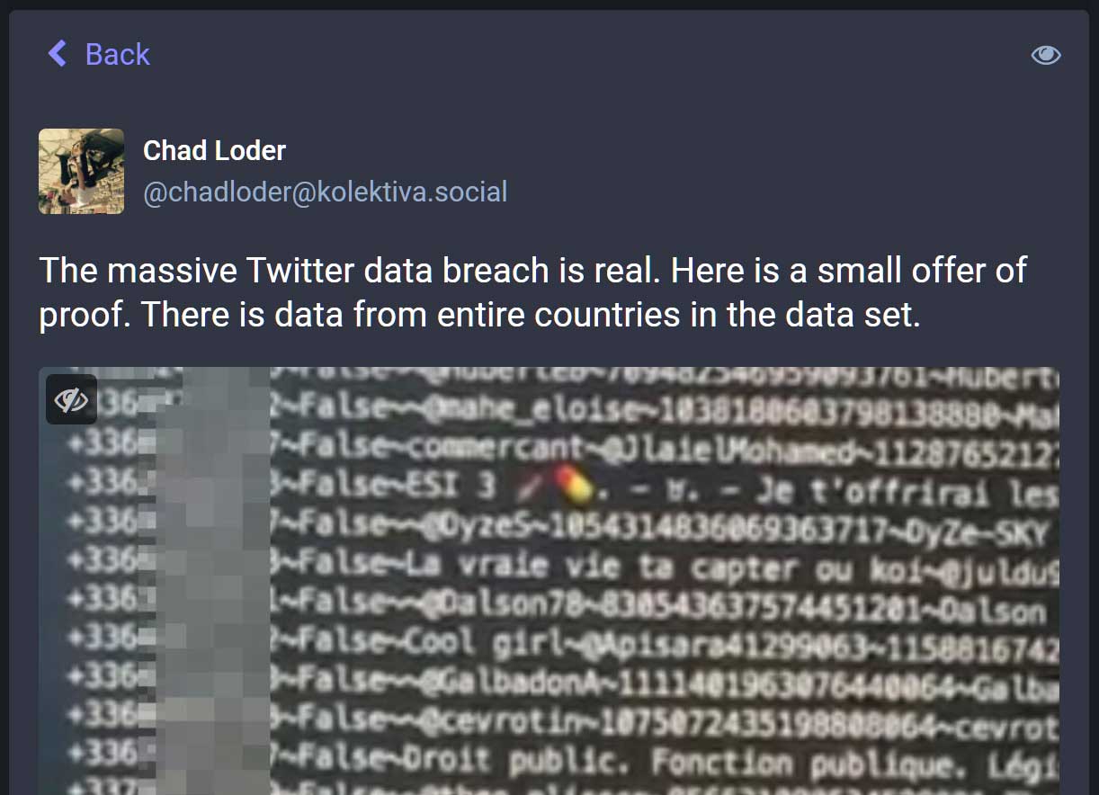 Post no Mastodon de Chad Loder mostrando trecho de dados vazados do Twitter, com números de telefone e nomes de usuário parcialmente borrados