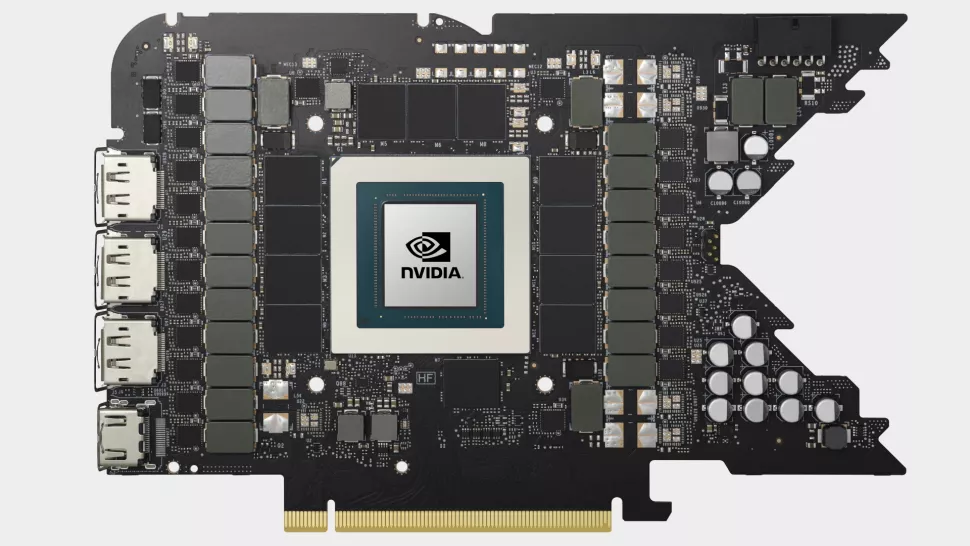 Placa de vídeo NVIDIA sem o cooler, mostrando a GPU central com o logotipo NVIDIA, cercada por chips de memória e conectores HDMI e DisplayPort