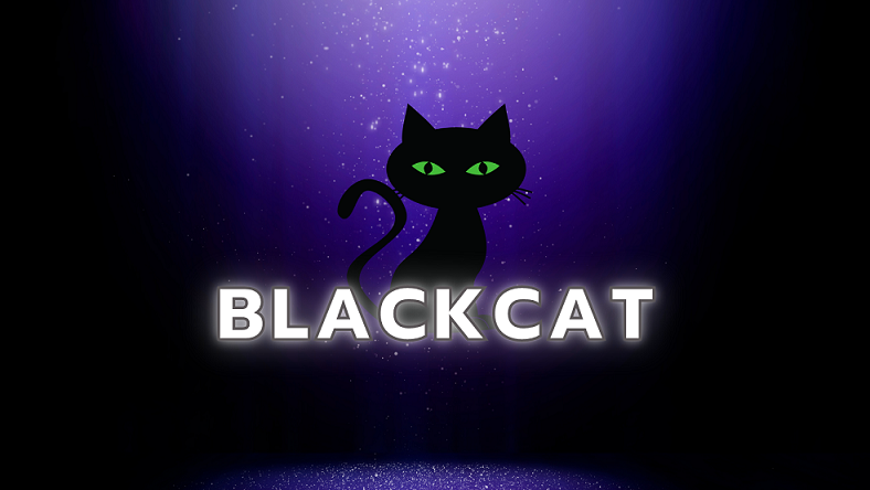 Logotipo do grupo BlackCat: gato preto de olhos verdes sobre fundo roxo com brilho, texto "BLACKCAT" em branco