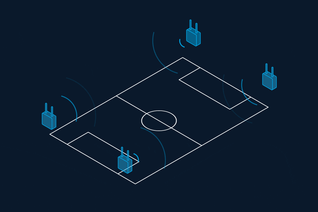 Ilustração em azul sobre fundo escuro de um campo de futebol com quatro antenas de rastreamento e ondas de sinal, representando o sistema de rastreamento da bo…