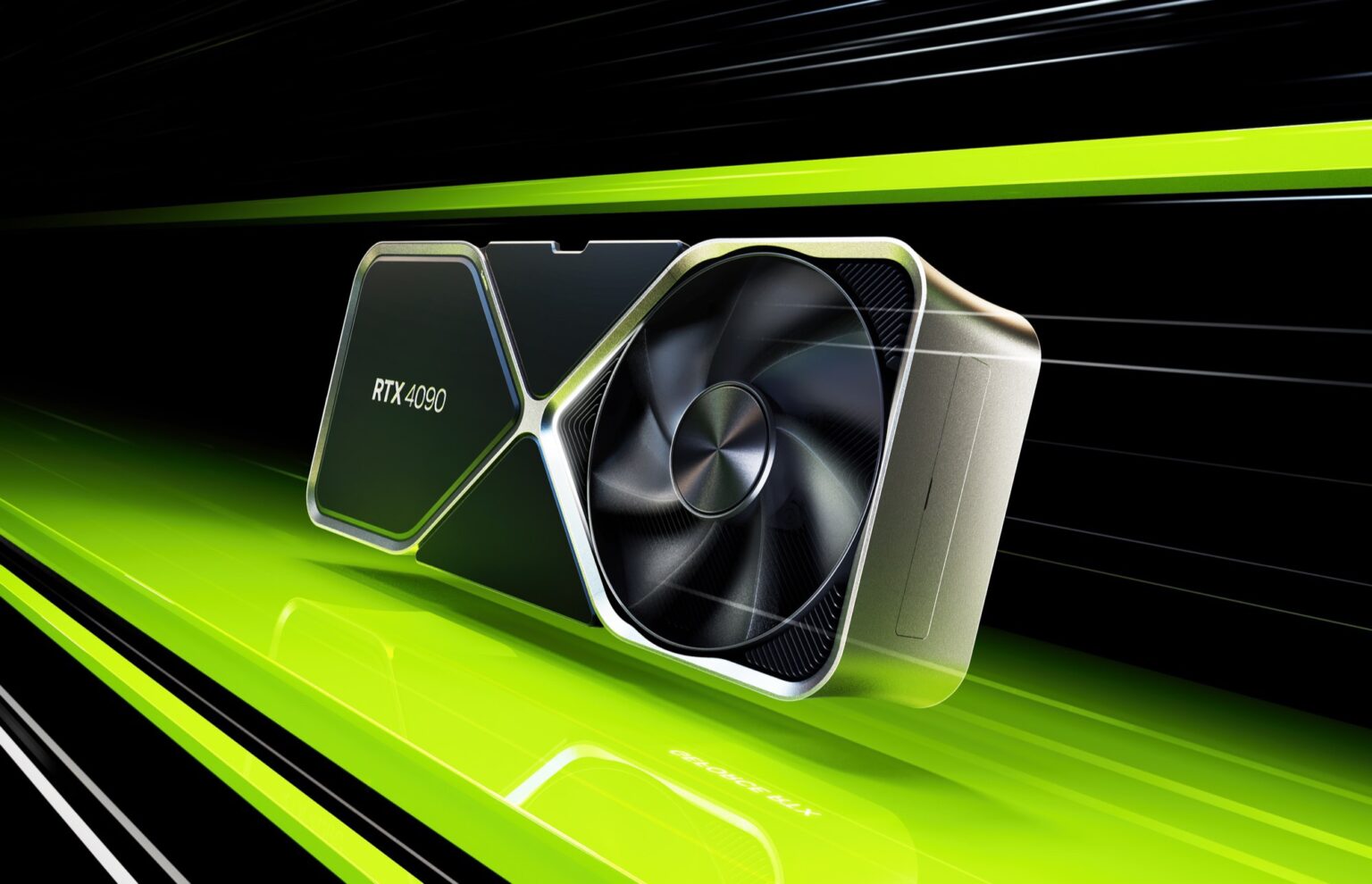 Placa de vídeo NVIDIA GeForce RTX 4090 em destaque sobre fundo preto e verde, com cooler de ventilador visível e linhas de movimento