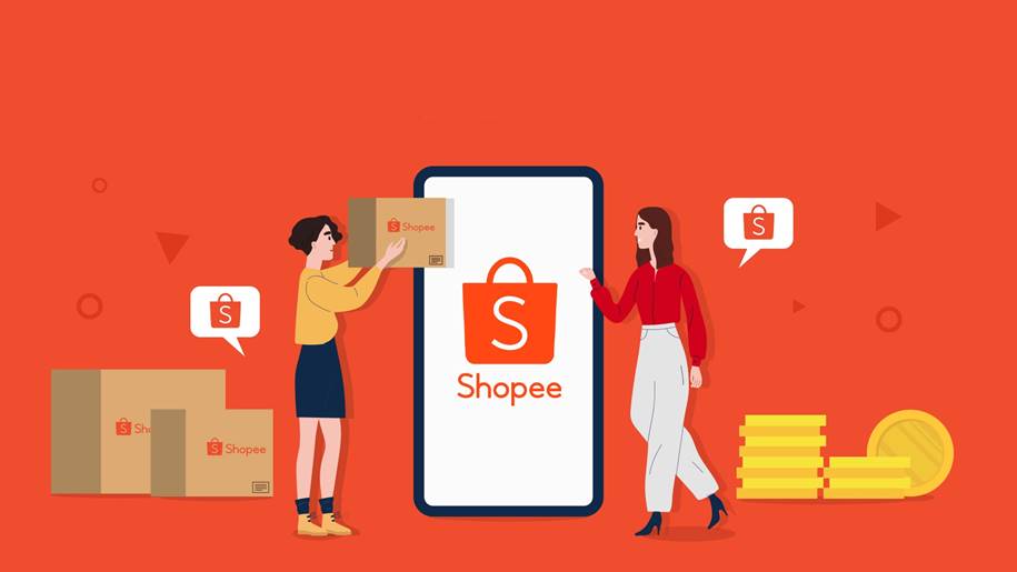Ilustração de duas mulheres entregando caixas e carregando moedas perto de um celular com o logo da Shopee, em fundo laranja