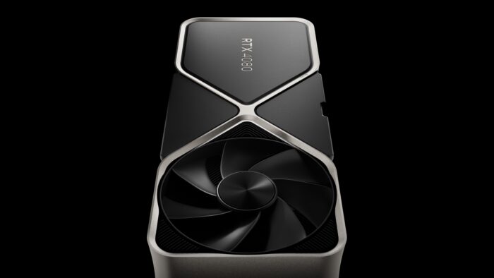 Placa de vídeo NVIDIA GeForce RTX 4080 Founders Edition vista de frente, com o ventilador em destaque sobre fundo preto