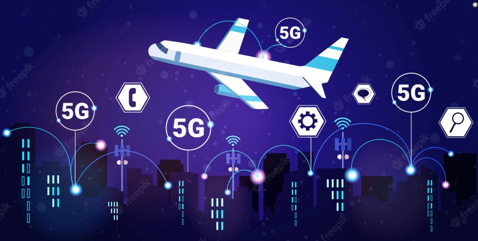 Ilustração de avião voando sobre cidade noturna com torres de sinal e ícones de 5G conectados por linhas luminosas