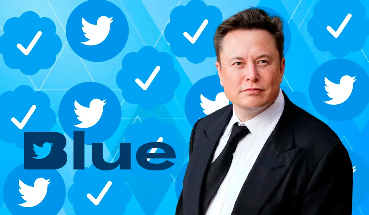 Homem de terno escuro ao lado de ícones azuis do Twitter com selos de verificação e o logotipo "Blue" em destaque