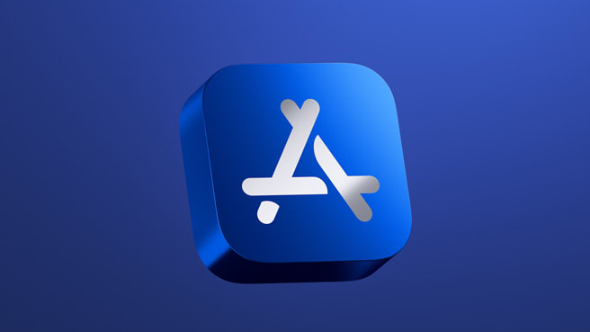 Ícone 3D da App Store da Apple, com a letra A estilizada em branco sobre fundo azul, em cubo arredondado