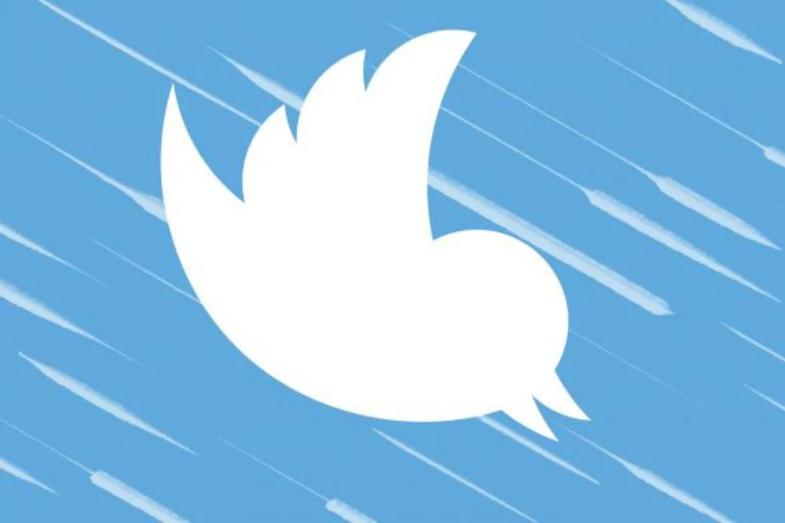 Logotipo branco do pássaro do Twitter sobre fundo azul com linhas diagonais brancas, sugerindo movimento