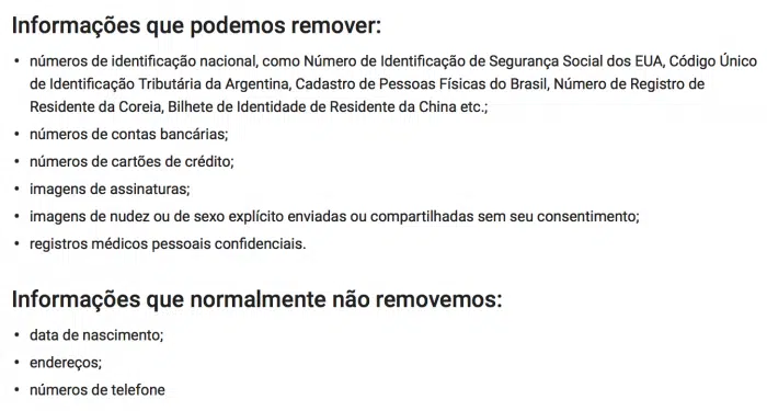 Captura de página com duas listas: informações pessoais que o Google pode remover (números de identificação, contas bancárias, cartões de crédito, assinaturas…