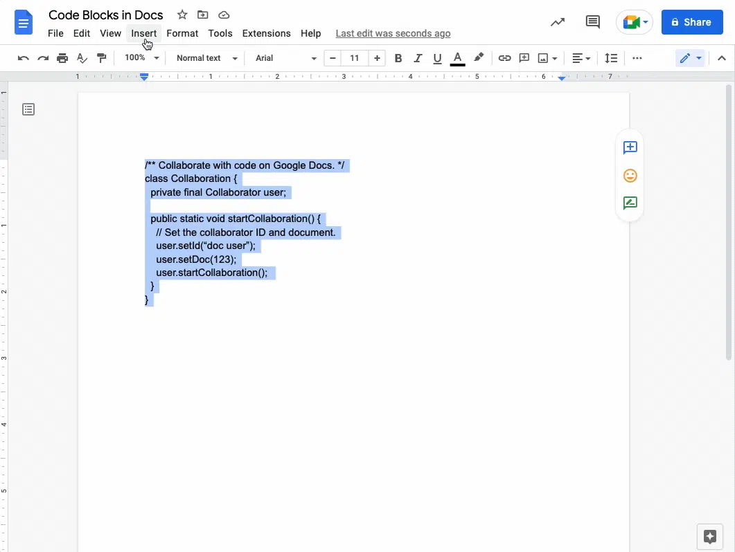 Captura de tela do Google Docs mostrando um trecho de código Java selecionado no documento "Code Blocks in Docs", com a aba Insert aberta Nota: o texto acima e…