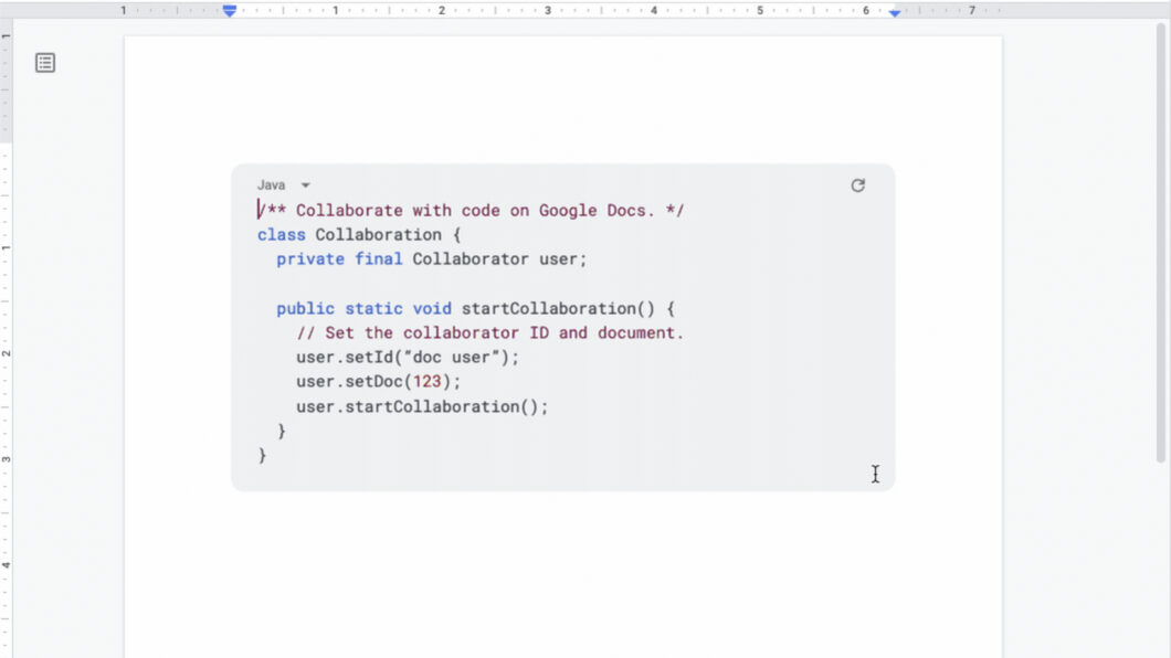 Captura do Google Docs mostrando bloco de código Java com classe Collaboration e método startCollaboration, com comentário sobre colaboração no Google Docs