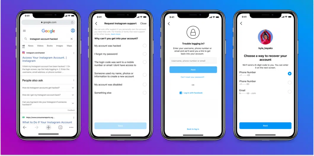 Quatro celulares lado a lado mostrando o fluxo de recuperação de conta do Instagram, com busca no Google, pedido de suporte e escolha de método de recuperação