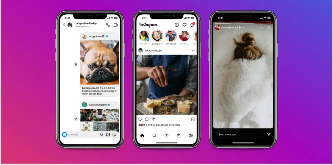 Três smartphones exibindo telas do Instagram com fundo em gradiente roxo e rosa: conversa no Direct, feed com fotos e stories com mensagem enviada