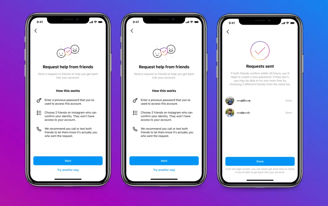 Três telas de celular mostrando o recurso do Instagram para pedir ajuda a amigos na recuperação de conta e a confirmação de solicitações enviadas