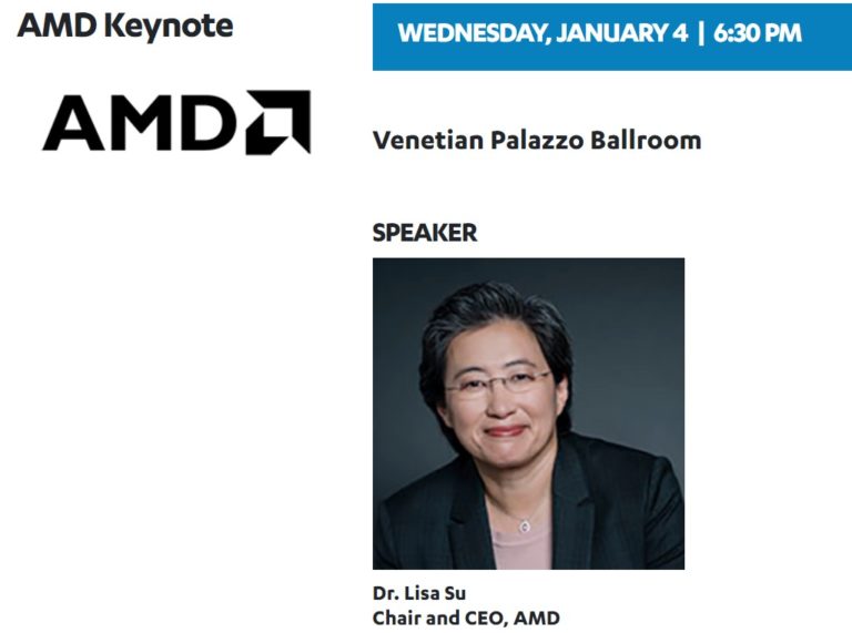 Card de palestra da AMD na CES 2023 com o logo AMD, data e local da keynote e foto da palestrante Dr. Lisa Su, CEO da AMD