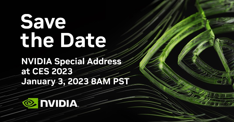Banner da NVIDIA com o texto "Save the Date": NVIDIA Special Address at CES 2023, 3 de janeiro de 2023, 8AM PST