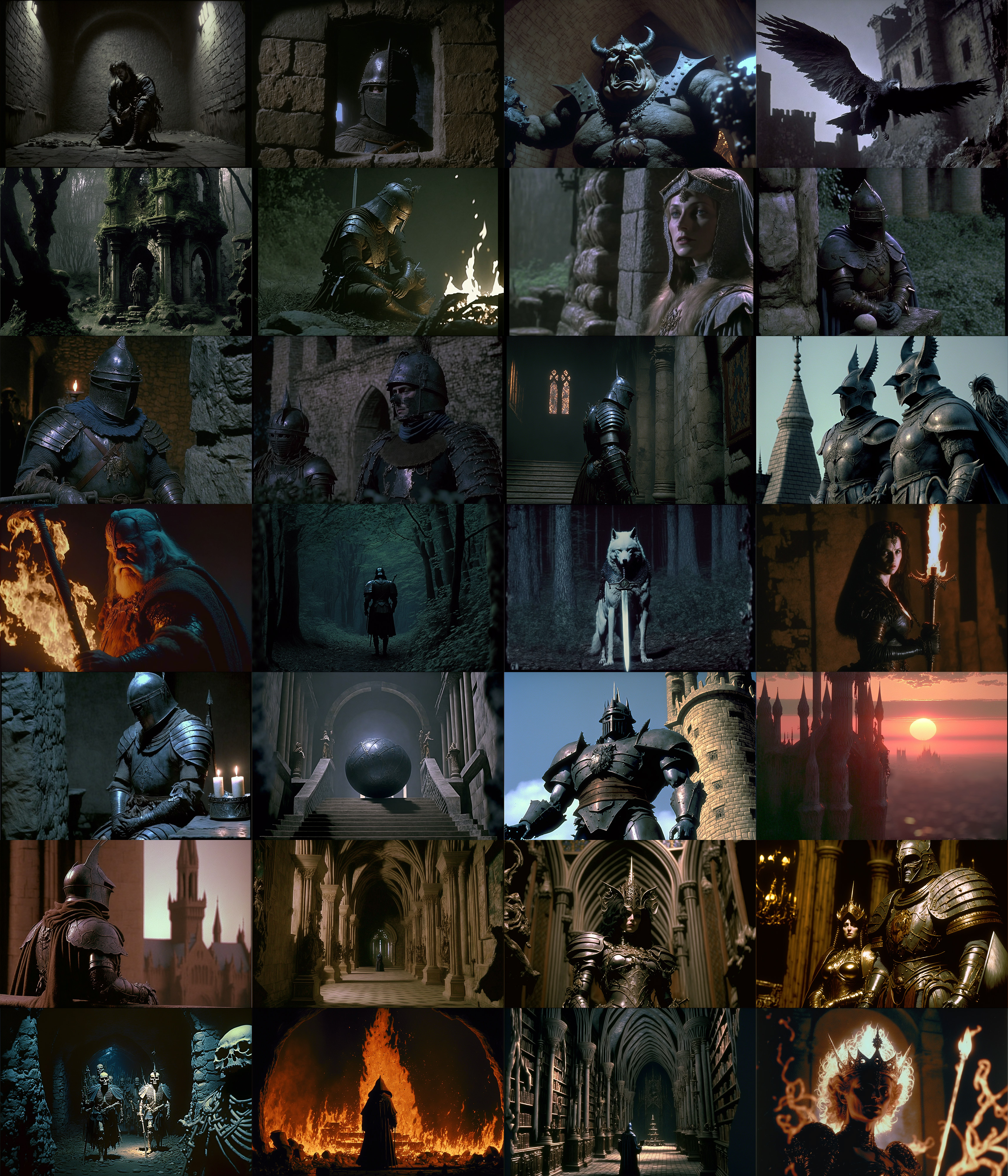 Grade de cenas geradas por IA em estilo sombrio medieval: cavaleiros em armaduras escuras, um monstro com chifres, um corvo, fogo e castelos góticos, inspirada…