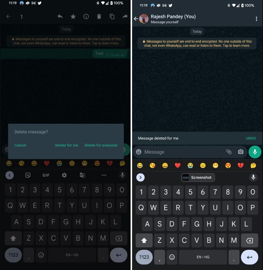Duas telas do WhatsApp lado a lado: à esquerda, o diálogo "Delete message?" com as opções Delete for me e Delete for everyone; à direita, a notificação "Messag…