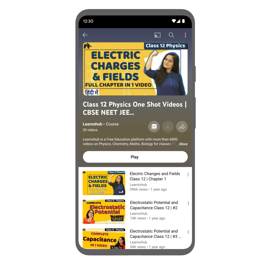 Tela de celular no YouTube mostrando a playlist "Class 12 Physics" da Learnohub, com miniaturas amarelas sobre Electric Charges and Fields e Electrostatic Pote…