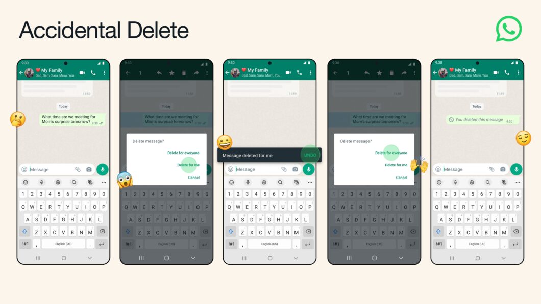 Sequência de cinco telas mostrando no WhatsApp a exclusão acidental de uma mensagem e a opção Desfazer para recuperá-la