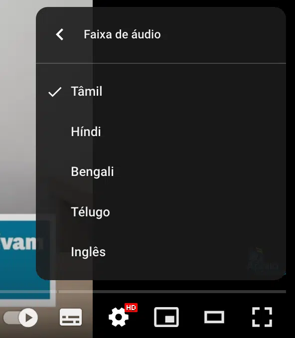 Menu de faixa de áudio do YouTube com opções de idioma: Tâmil (selecionado), Híndi, Bengali, Télugo e Inglês