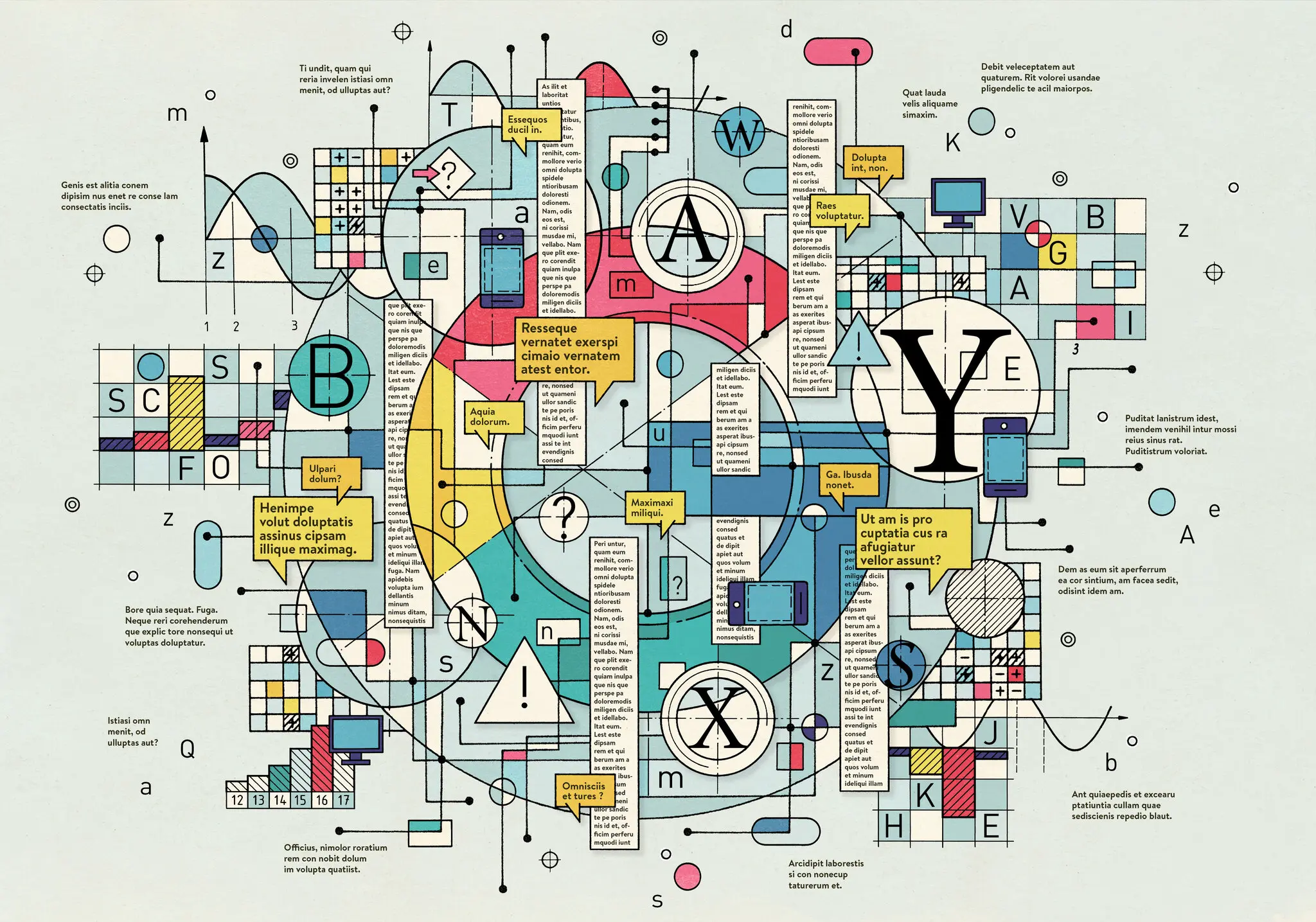 Ilustração gráfica abstrata com letras, círculos, setas, balões de fala com texto ilegível e smartphones, em cores vermelho, amarelo e azul