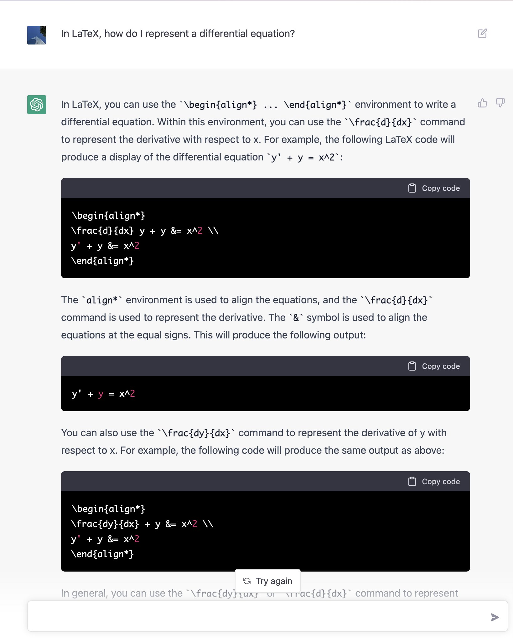 Captura de tela de conversa com o ChatGPT mostrando resposta em LaTeX sobre como escrever equações diferenciais, com blocos de código e o comando \frac{d}{dx}