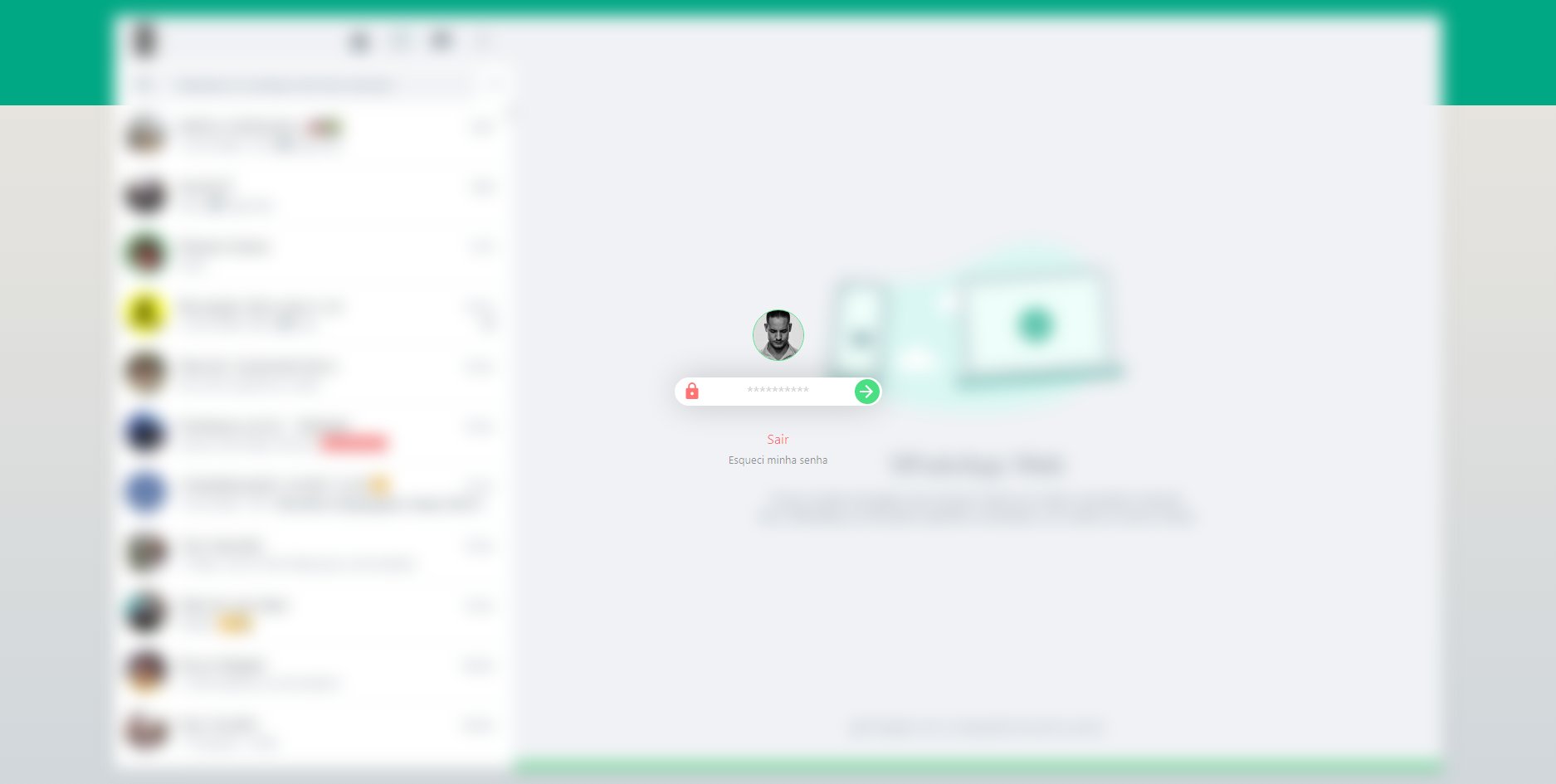 Captura de tela desfocada do WhatsApp Web mostrando a tela de login com campo de senha e QR code, ao lado da lista de conversas Note que a instrução pede que o…
