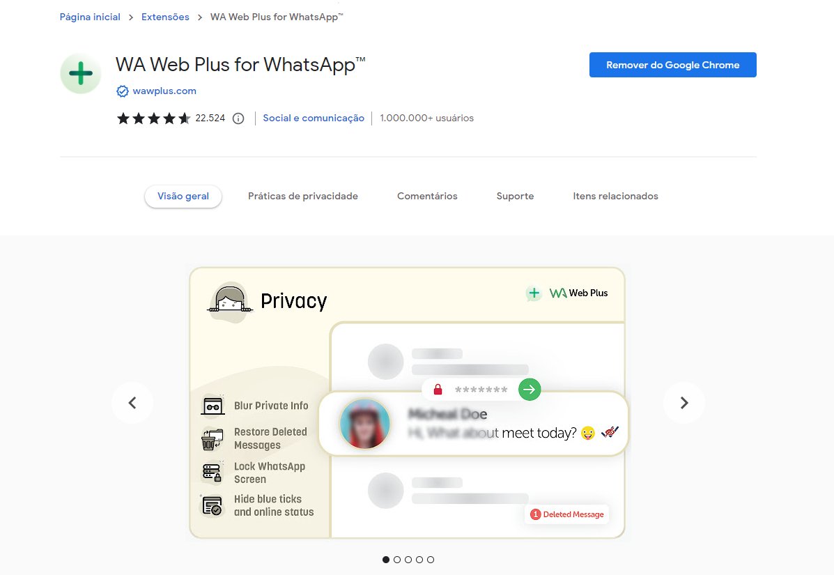 Captura da página da extensão WA Web Plus for WhatsApp na Chrome Web Store, com o destaque para o recurso de privacidade que desfoca informações e restaura men…