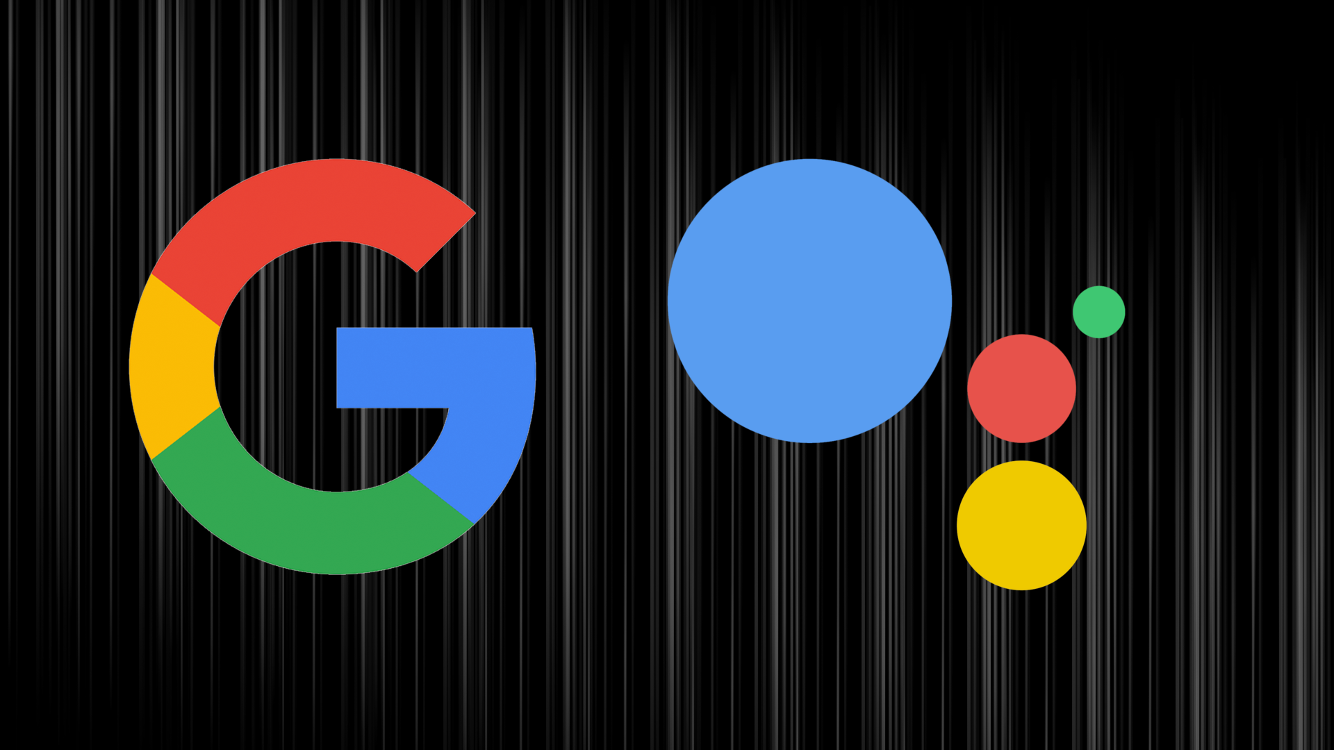 Logo do Google Assistente com a letra G colorida e as quatro bolinhas em azul, vermelho, amarelo e verde sobre fundo preto com listras verticais
