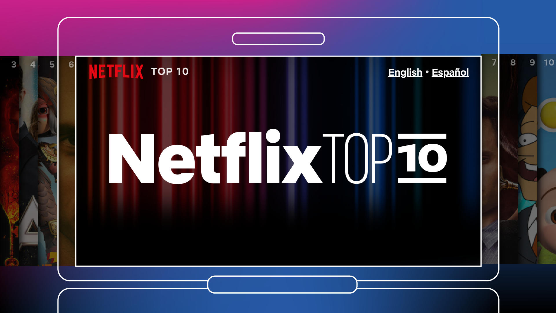 Ilustração com a marca Netflix Top 10 em destaque sobre uma tela de TV, com pôsteres de filmes e séries nas laterais numerados de 3 a 10