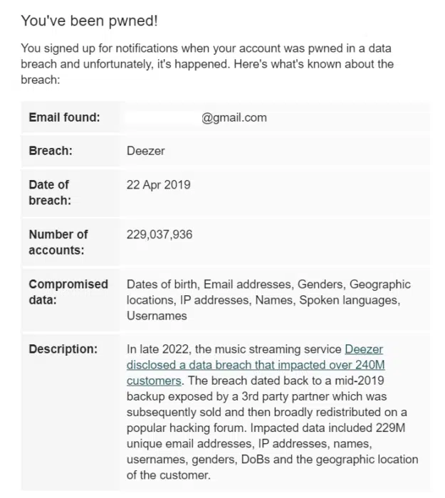 Captura de tela do Have I Been Pwned mostrando alerta de vazamento de dados do Deezer, com e-mail parcialmente oculto, data do vazamento, 229.037.936 contas af…