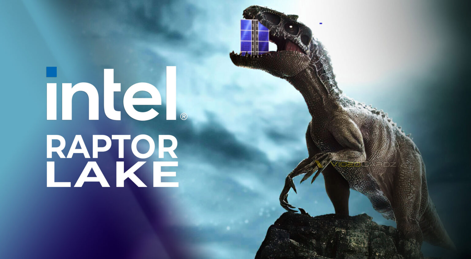 Logo da Intel com o texto Raptor Lake ao lado de um dinossauro raptor segurando um chip de processador na boca, sobre fundo azul
