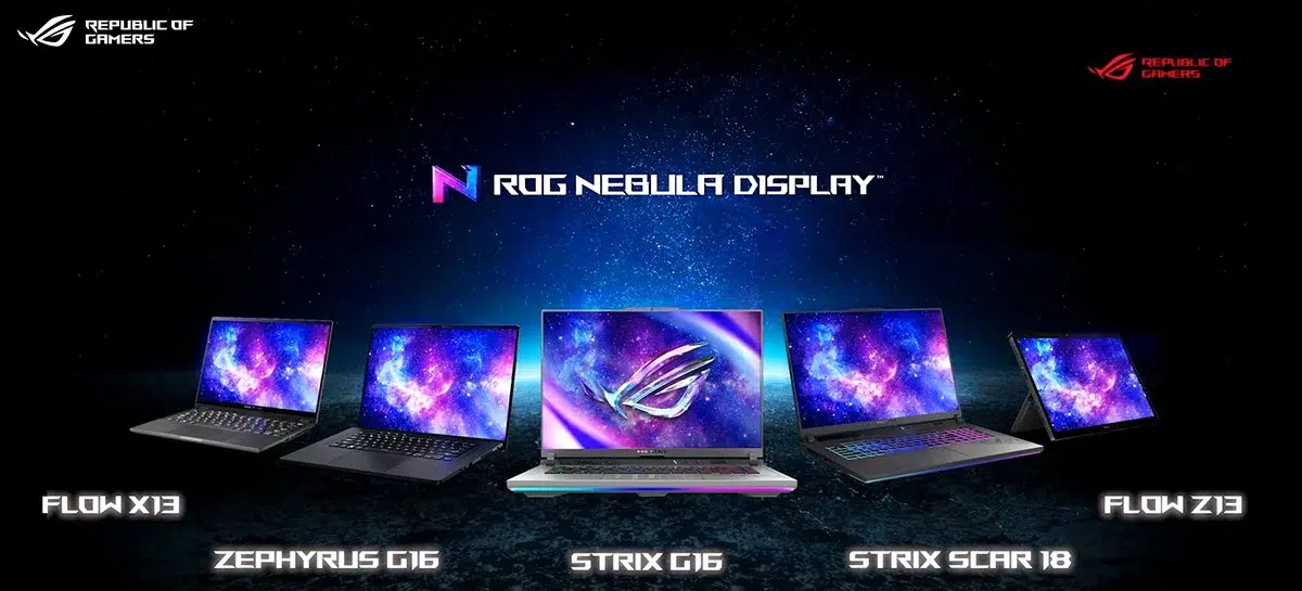 Notebooks ROG da Asus com tela ROG Nebula Display: Flow X13, Zephyrus G16, Strix G16, Strix SCAR 18 e Flow Z13 lado a lado