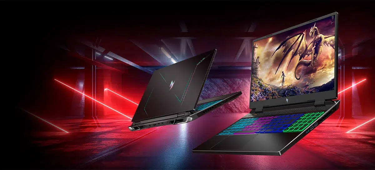 Dois notebooks gamer pretos com teclado iluminado em RGB, um aberto exibindo dragão em jogo, sobre fundo vermelho com luzes neon