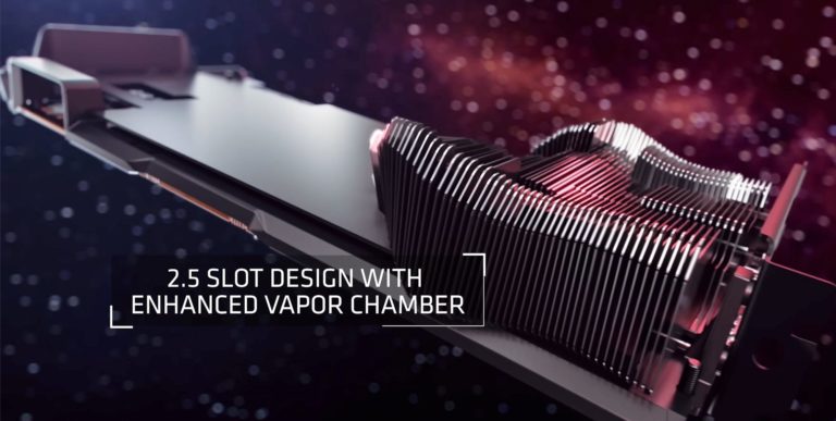 Placa de vídeo AMD Radeon RX 7900 XTX com dissipador de design 2.5 slots e câmara de vapor aprimorada, com o texto "2.5 slot design with enhanced vapor chamber