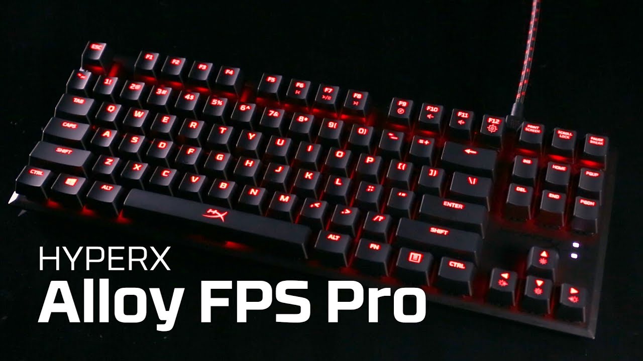 Teclado mecânico HyperX Alloy FPS Pro com iluminação vermelha em fundo escuro, mostrando as teclas e o nome da marca no texto