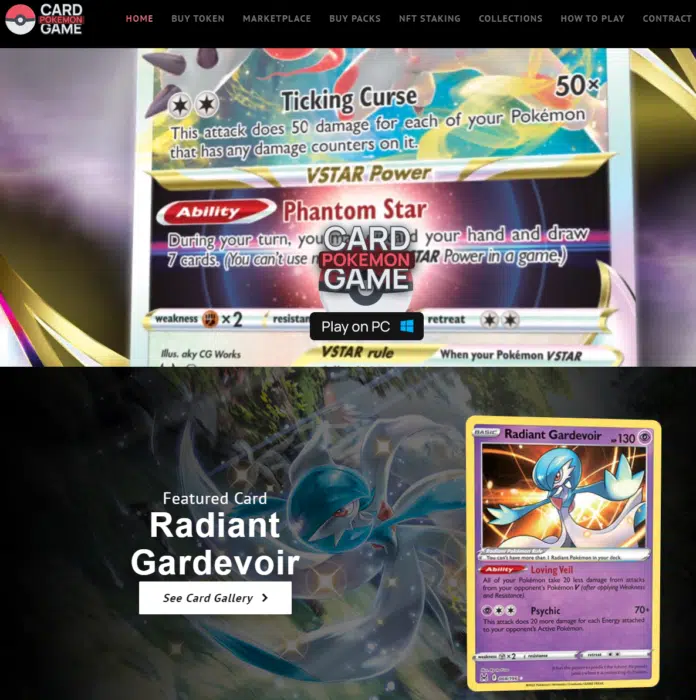 Captura de página inicial do site Card Pokémon Game com menu de navegação, botão "Play on PC" e carta Radiant Gardevoir em destaque