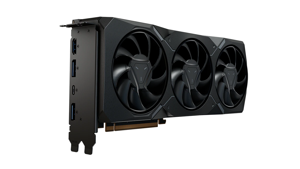 Placa de vídeo AMD Radeon RX 7900 XT preta com três ventoinhas e saídas de vídeo na lateral, vista em ângulo sobre fundo branco