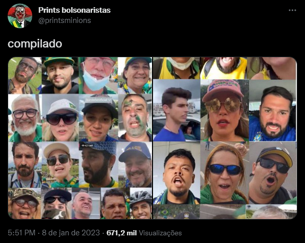 Colagem de rostos de homens e mulheres, a maioria com roupas verdes e amarelas, em vídeos de um perfil do Twitter com a legenda "compilado