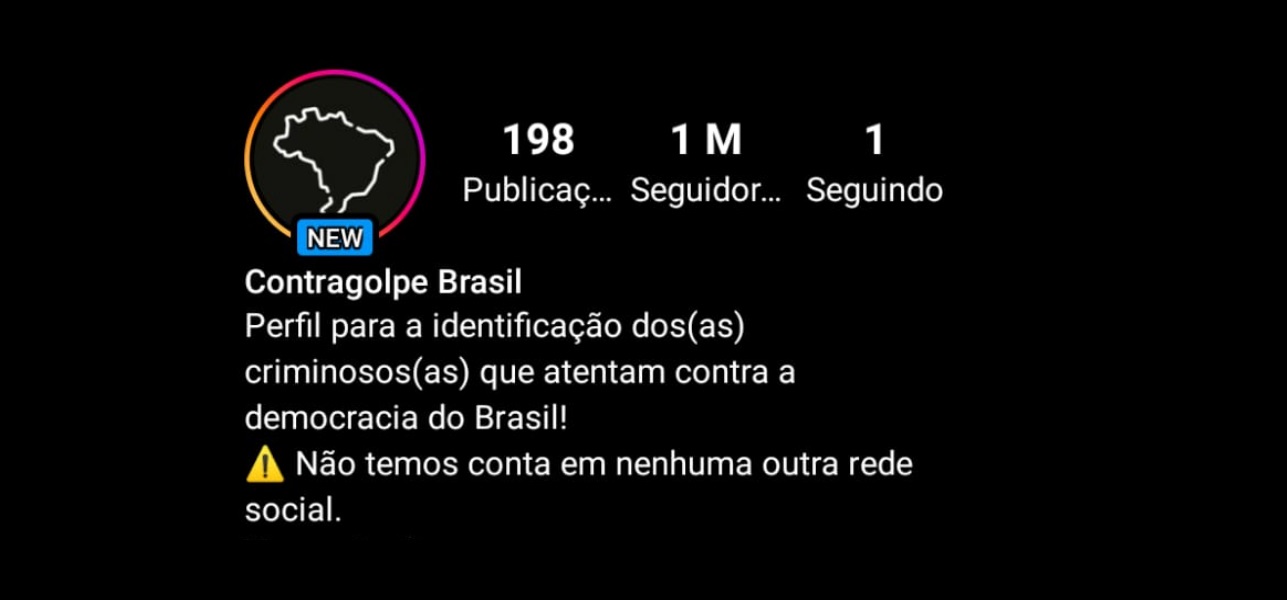 Captura de tela do perfil Contragolpe Brasil no Instagram, com 198 publicações, 1 milhão de seguidores, 1 seguindo e a descrição de identificação de criminosos…